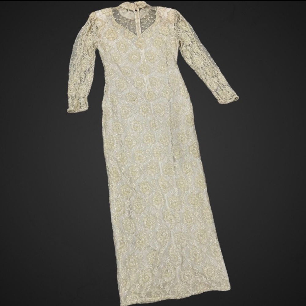 VTG LAURENCE KAZAR FULLY BEADED WHITE MAXI DRESS | tagged L, measures 36” bust